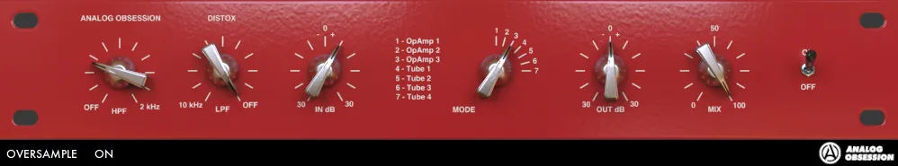 Interface du plugin de distorsion gratuit Distox d'Analog Obsession