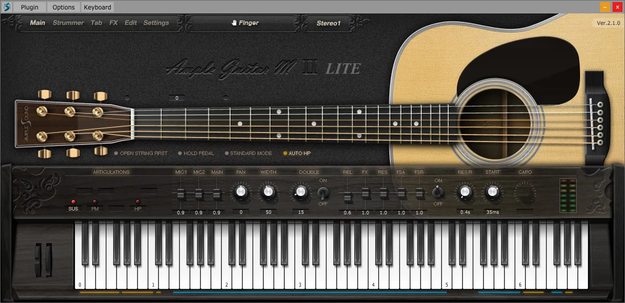Interface du VST de guitare acoustique gratuit Ample Guitar M Lite