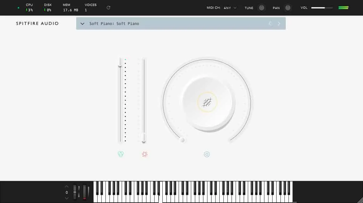 Interface du piano gratuit Soft Piano de Spitfire LABS