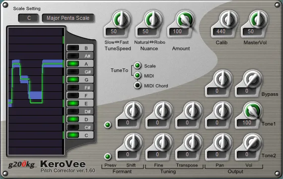 Interface du VST d'autotune gratuit KeroVee