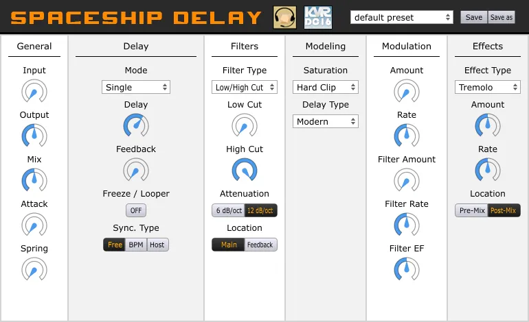 Interface du delay gratuit Spaceship Delay